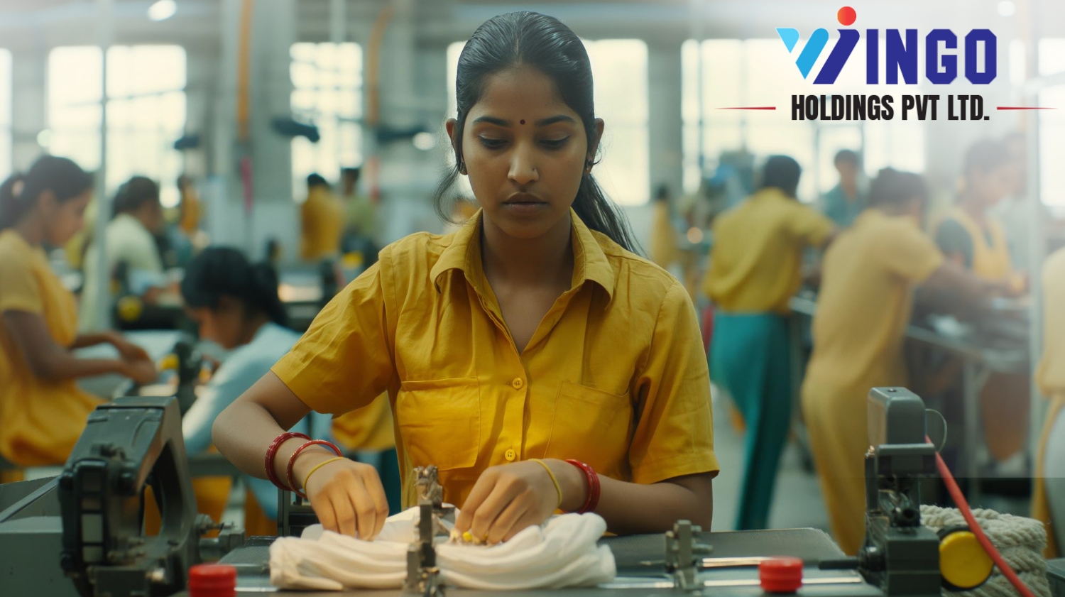 A woman working in a factory alongside several colleagues, engaged in a collaborative task.